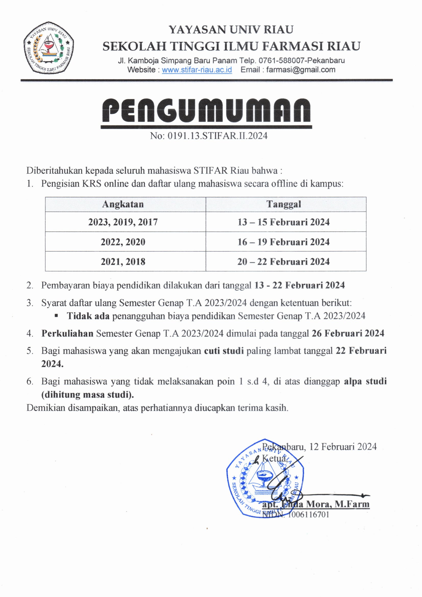 PENGUMUMAN KRS DAN DAFTAR ULANG SEMESTER GENAP T.A 2023-2024