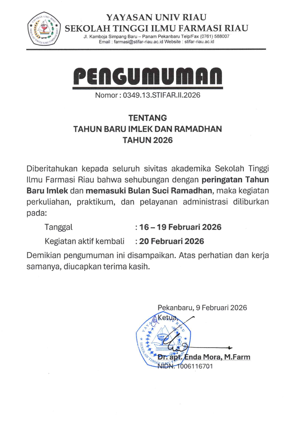 PENGUMUMAN LIBUR IMLEK DAN RAMADHAN 2026