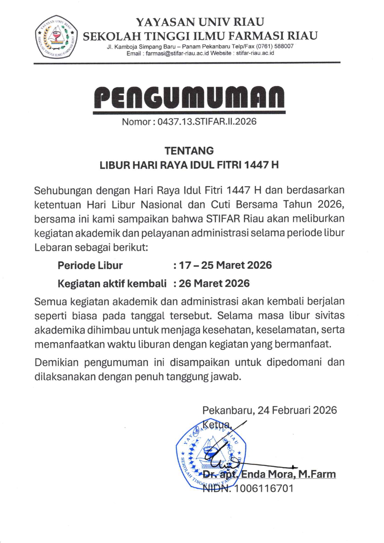 PENGUMUMAN LIBUR IDUL FITRI 1447 H