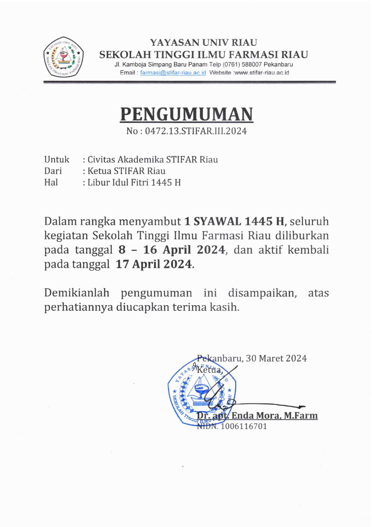 PENGUMUMAN LIBUR IDUL FITRI 1445 H