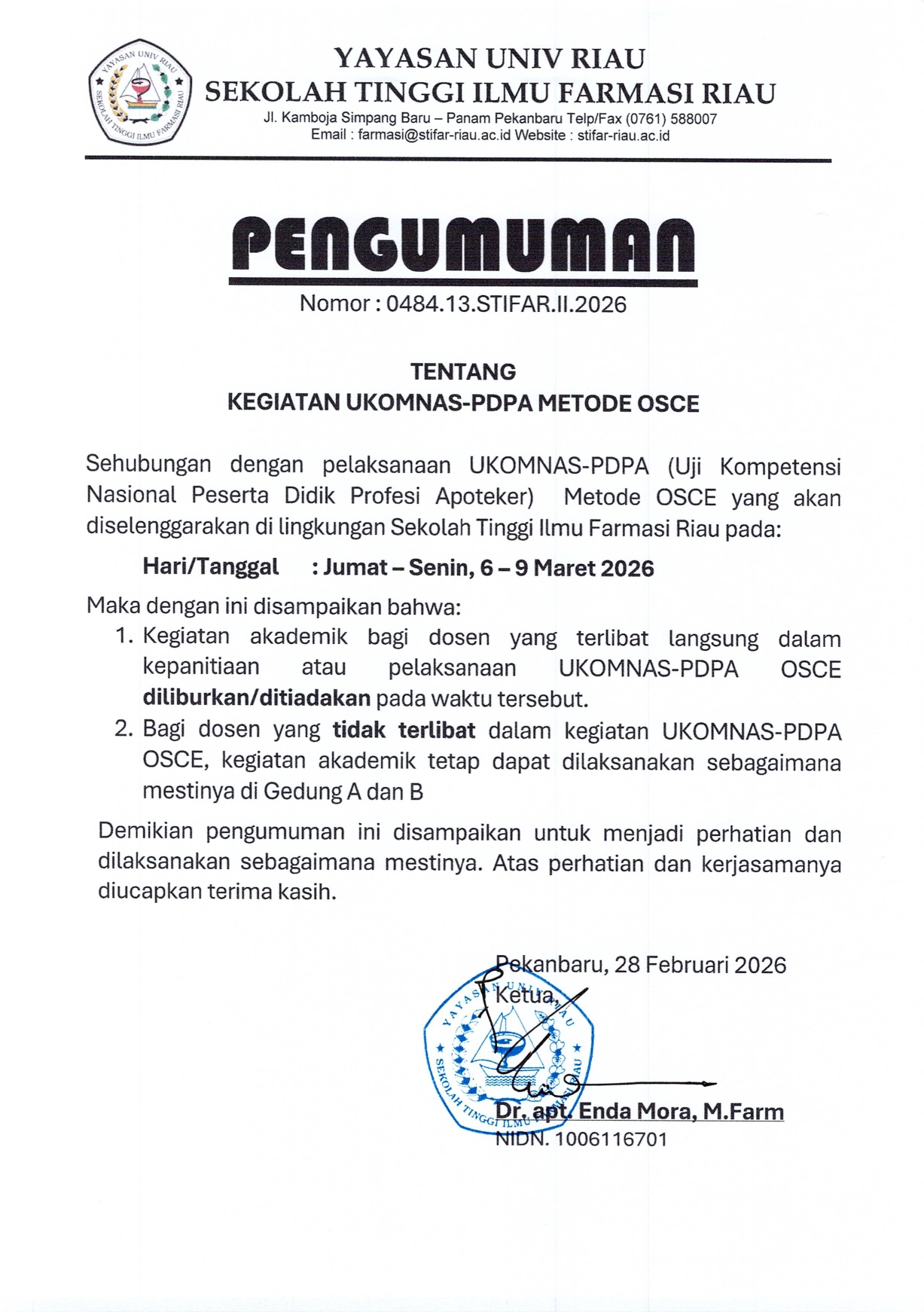 PENGUMUMAN KEGIATAN AKADEMIK SAAT UKOMNAS-PDPA OSCE