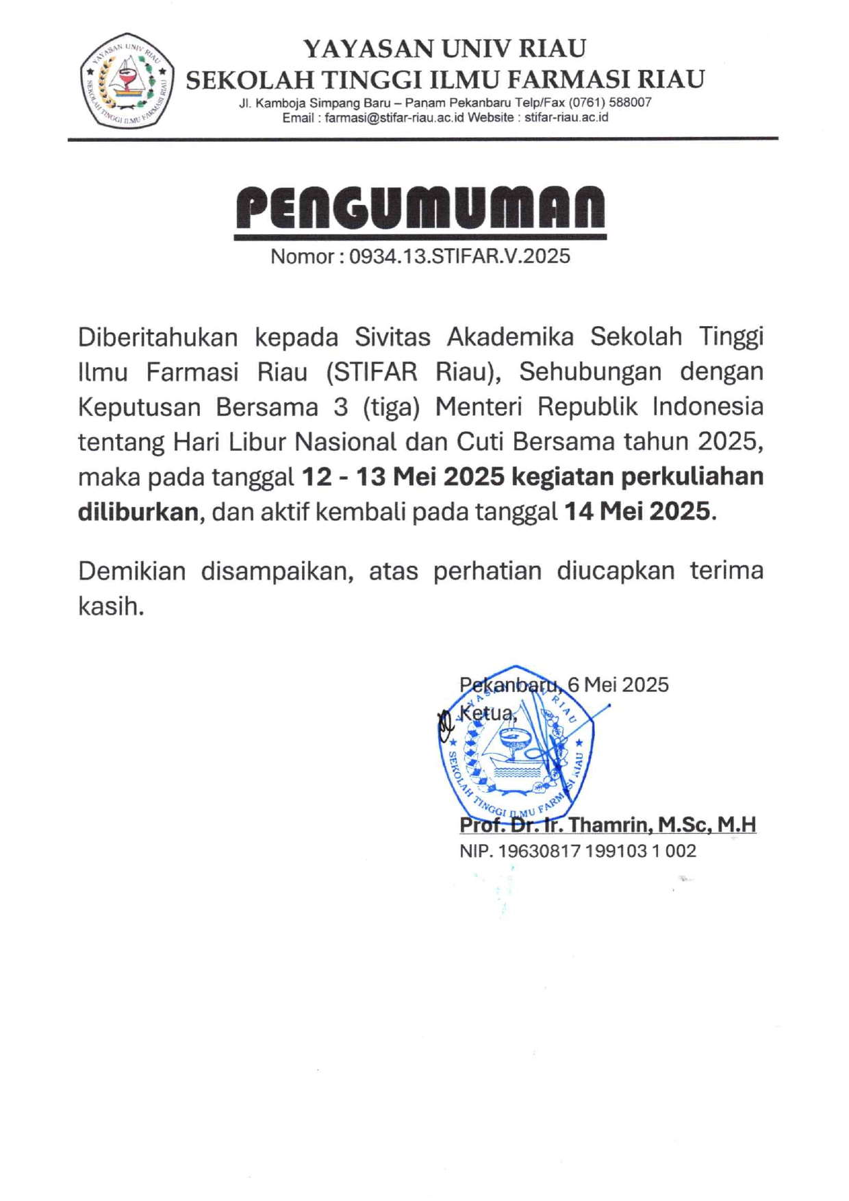 PENGUMUMAN LIBUR HARI RAYA WAISAK