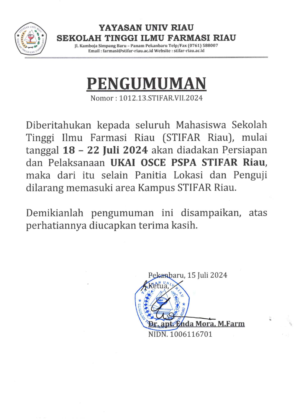 PENGUMUMAN LIBUR KEGIATAN DIKAMPUS 
