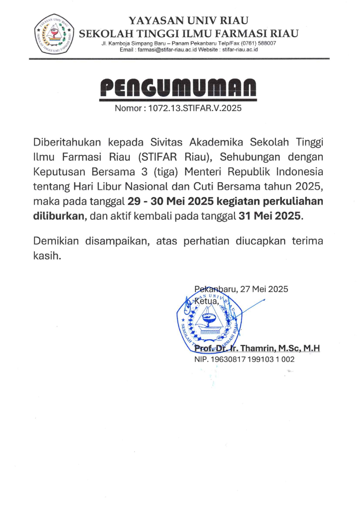 INFORMASI LIBUR NASIONAL DAN CUTI BERSAMA 29-30 MEI 2025