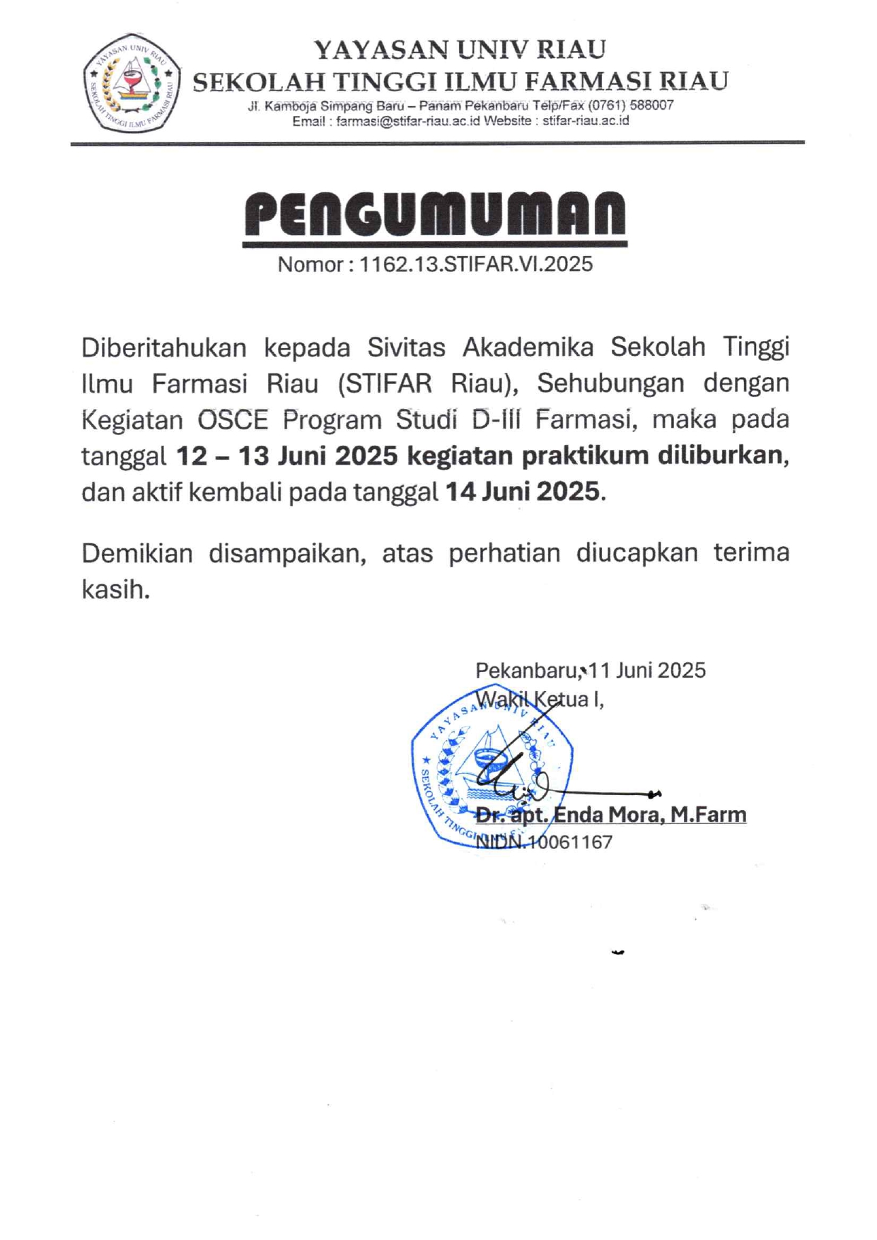 Pengumuman Libur Kegiatan Praktikum 12-13 Juni 2025