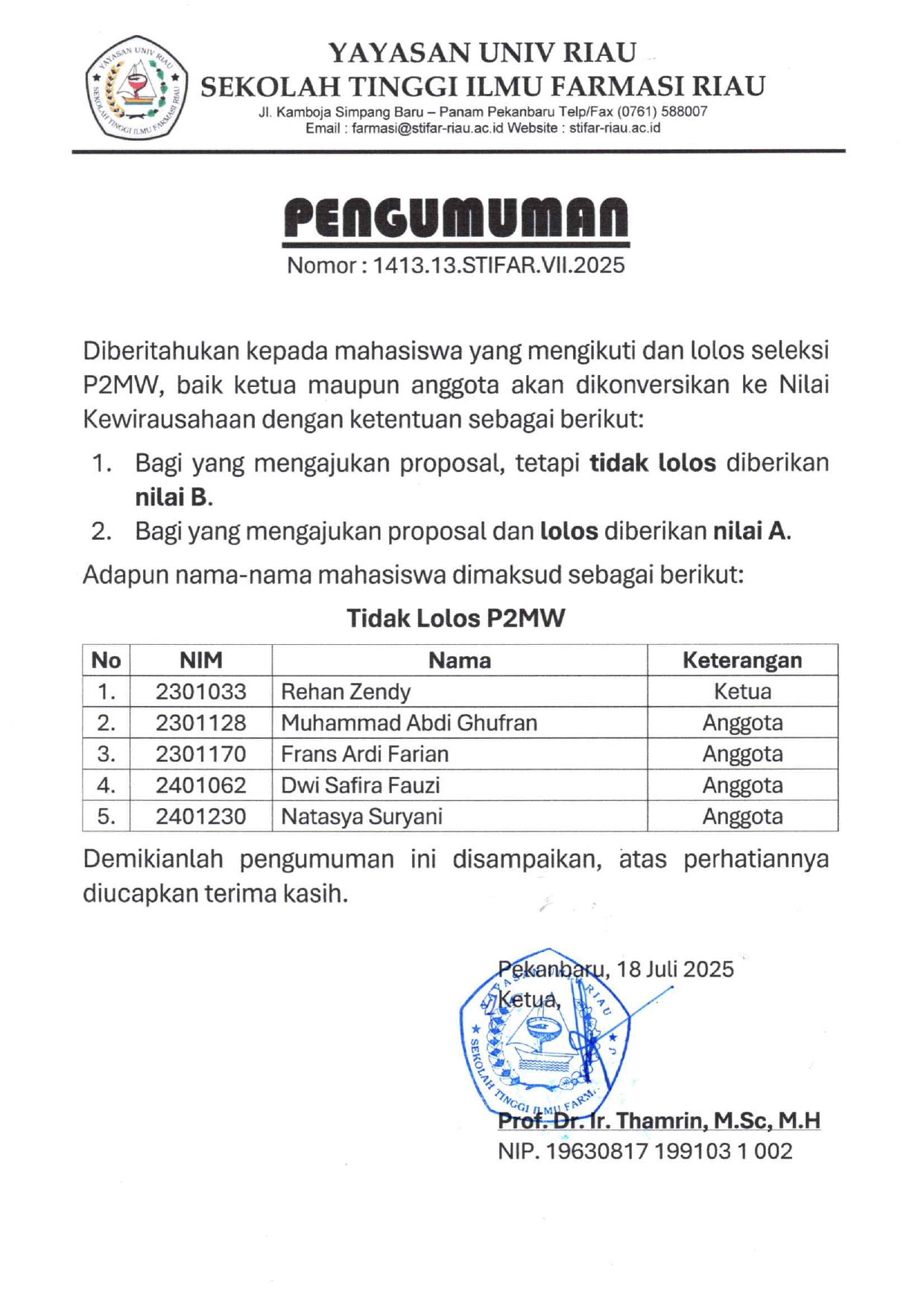 Pengumuman Konversi Nilai Kewirausahaan - P2MW