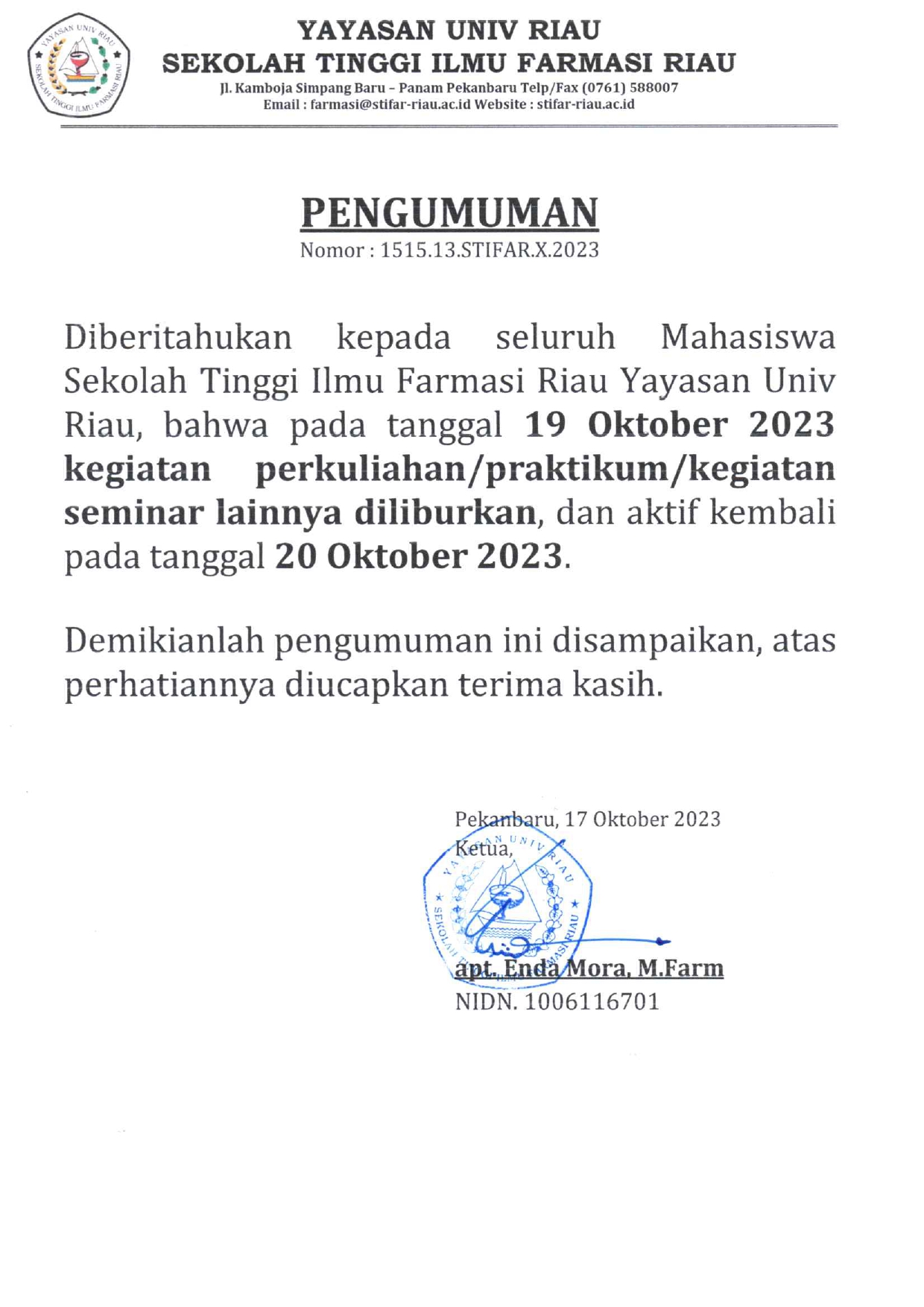 PENGUMUMAN LIBUR TANGGAL 19 OKTOBER 2023