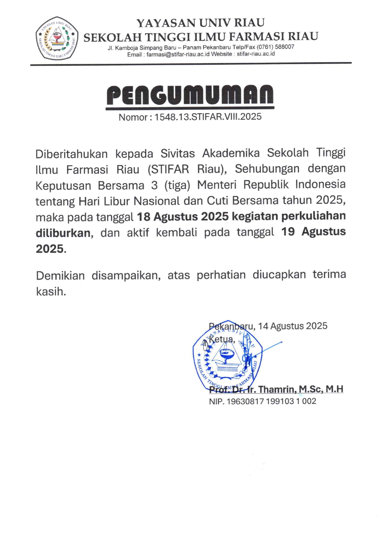 PENGUMUMAN LIBUR 18 AGUSTUS 2025