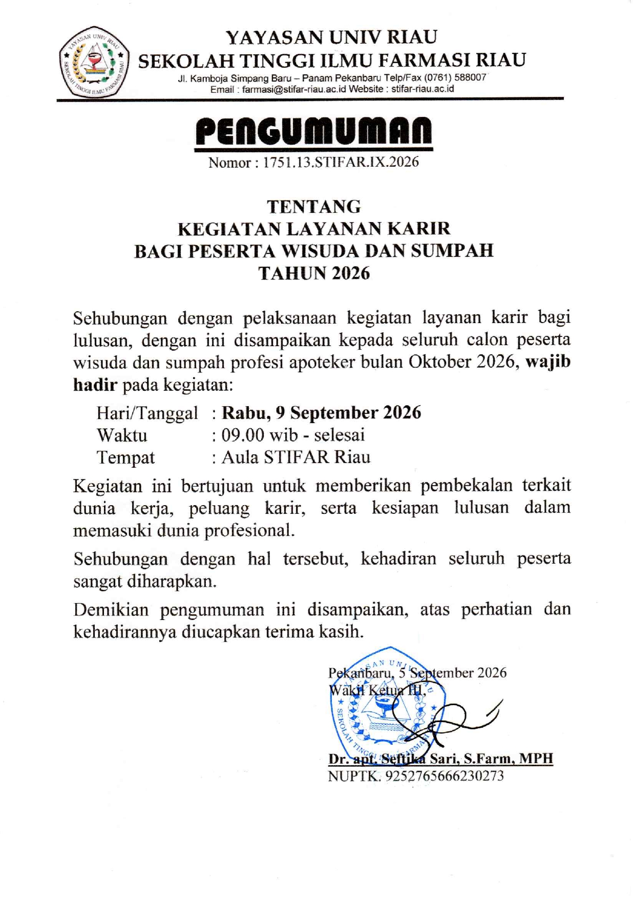 PENGUMUMAN LAYANAN KARIR