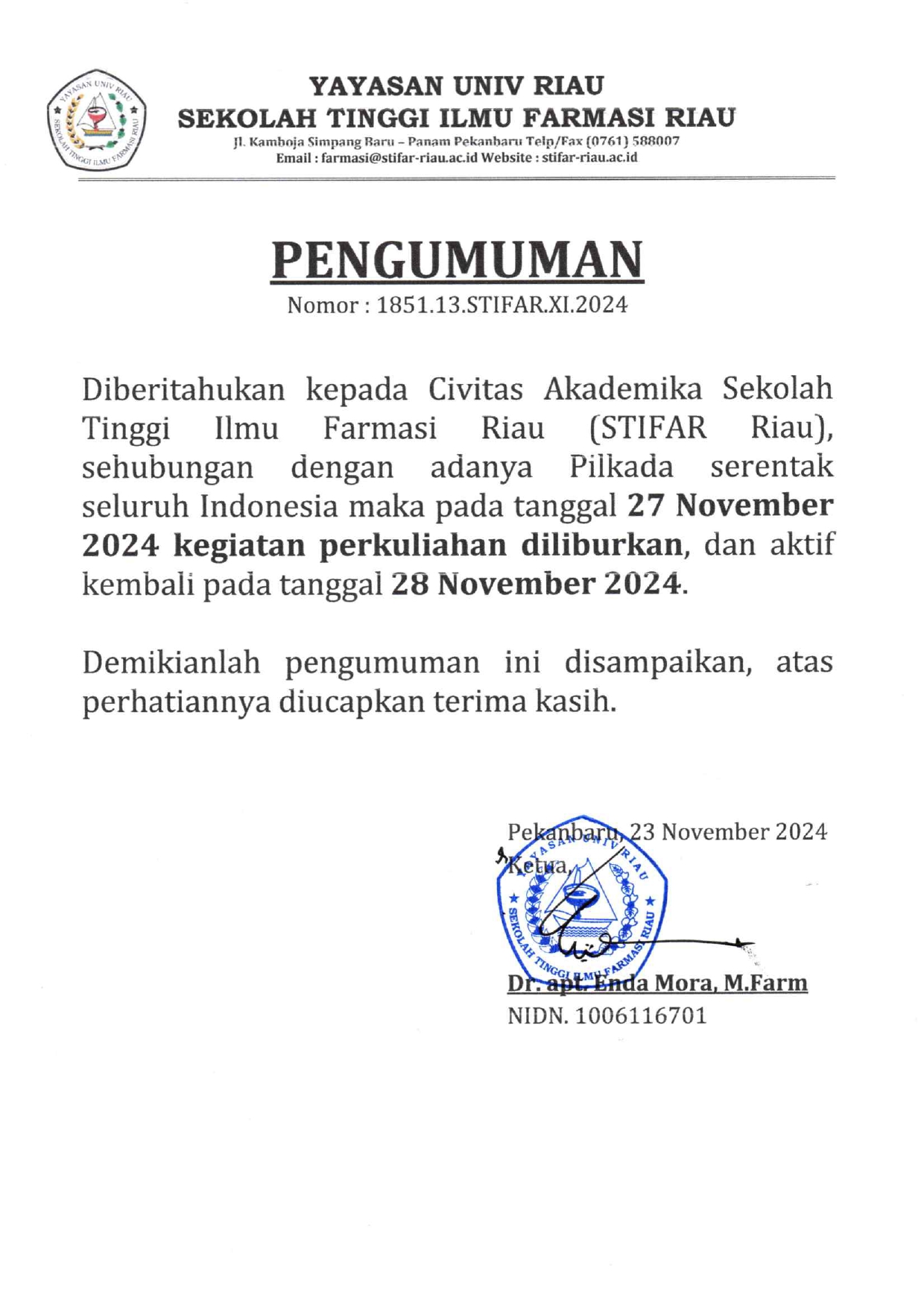 PENGUMUMAN LIBUR PILKADA 2024