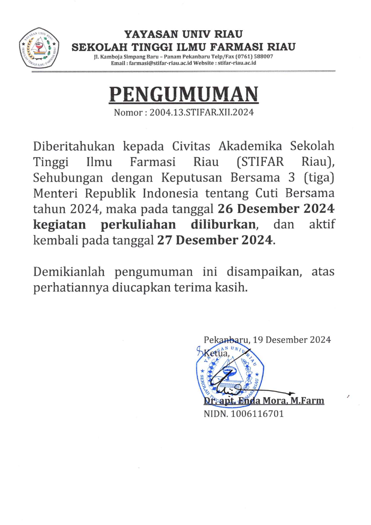 PENGUMUMAN LIBUR NATAL 2024