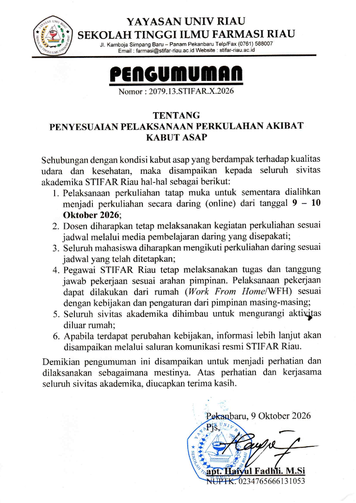PENGUMUMAN LIBUR KABUT ASAP