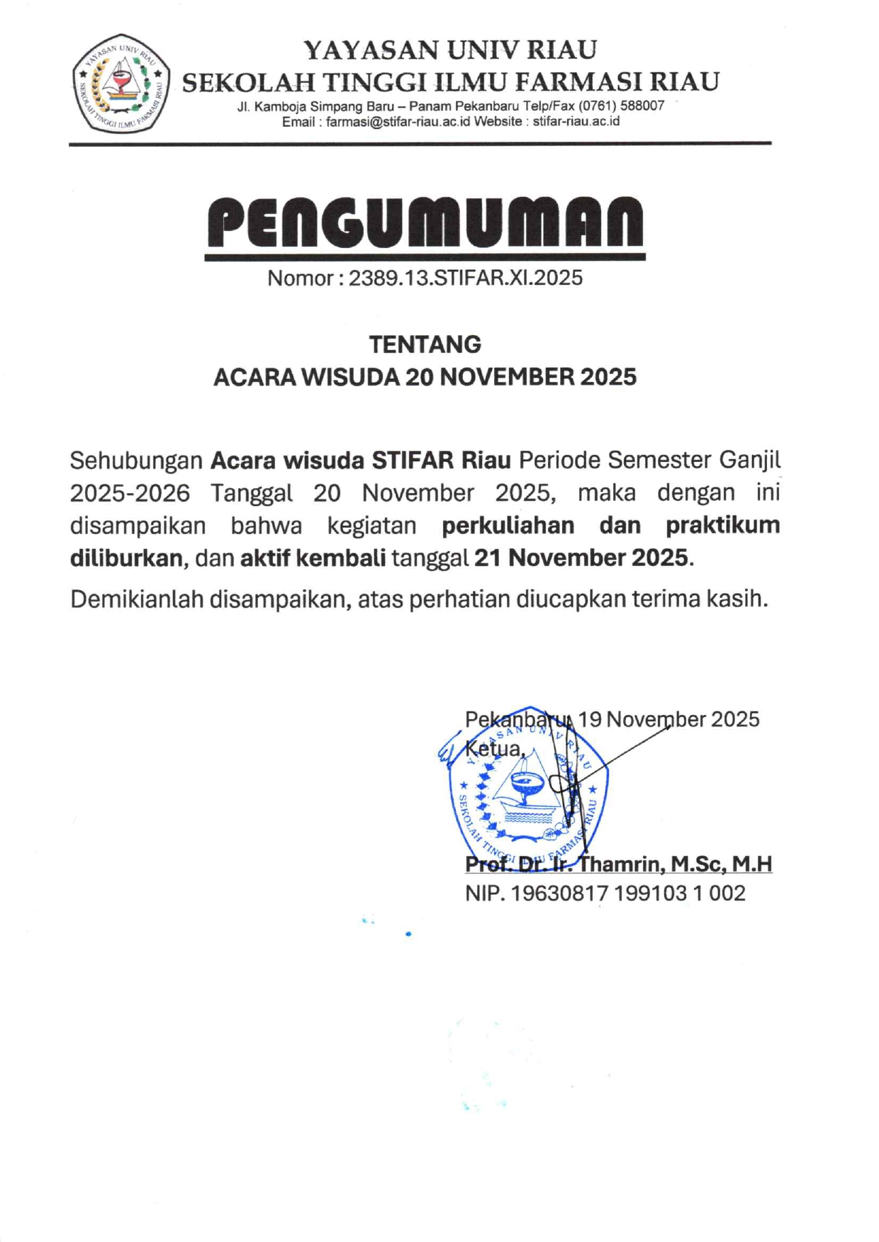 Libur Kegiatan Perkuliahan dan Praktikum Acara Wisuda 20 November 2025