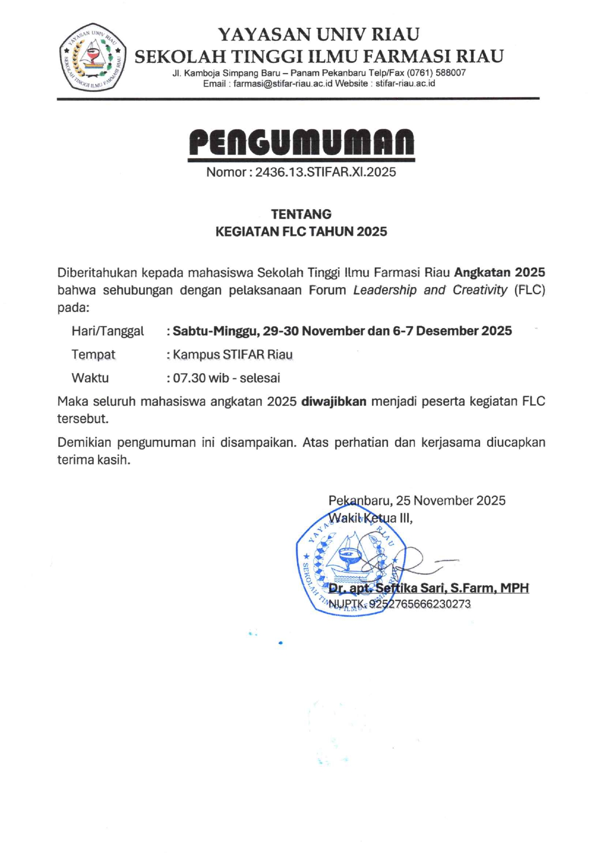 PENGUMUMAN KEGIATAN FLC UNTUK MAHASISWA ANGKATAN 2025