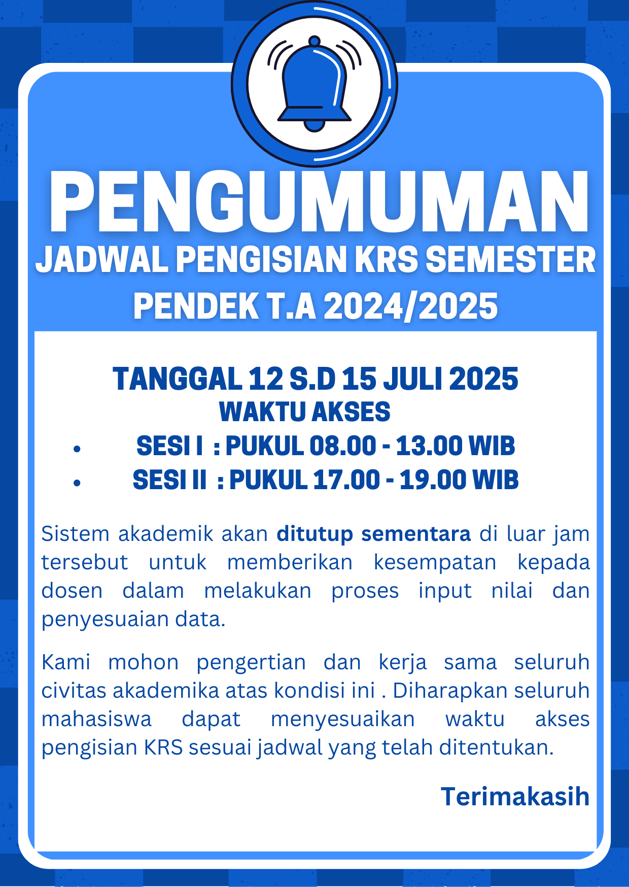PENGUMUMAN JADWAL PENGISIAN KRS SP T.A 2024/2025