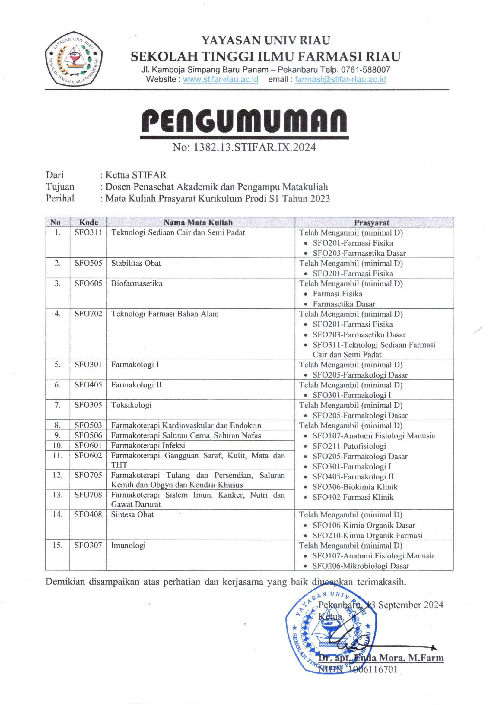 PENGUMUMAN MATA KULIAH PRASYARAT KURIKULUM PRODI S1 TAHUN 2023