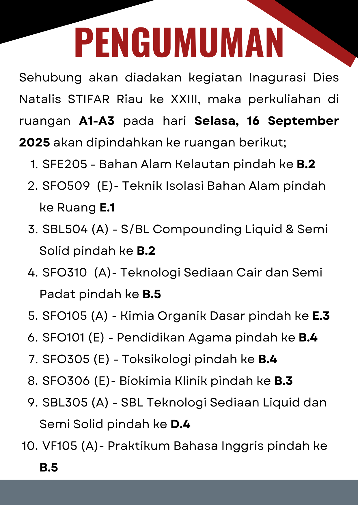 PINDAH RUANG KULIAH DI HARI SELASA, 16 SEPTEMBER 2025 (HANYA DITANGGAL INI)