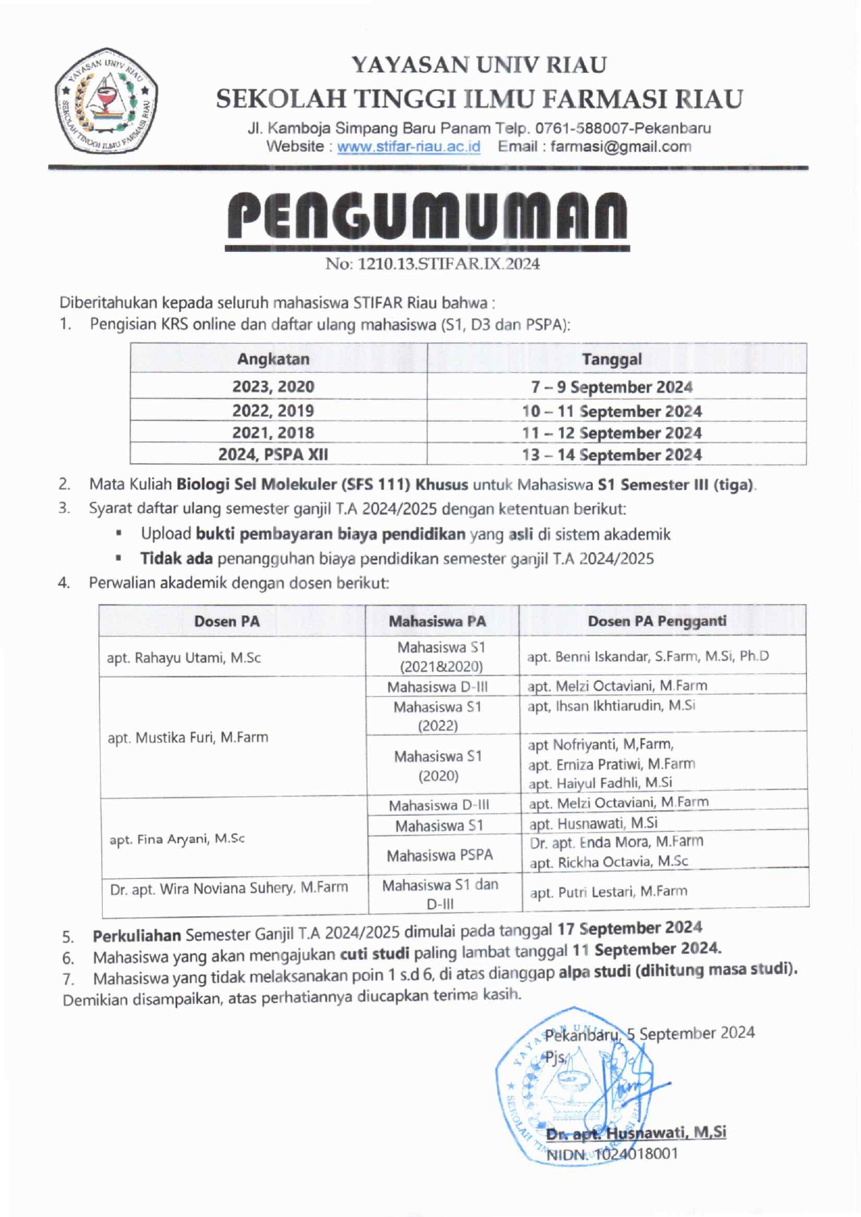 JADWAL DAFTAR ULANG SEMESTER GANJIL T.A 2024/2025