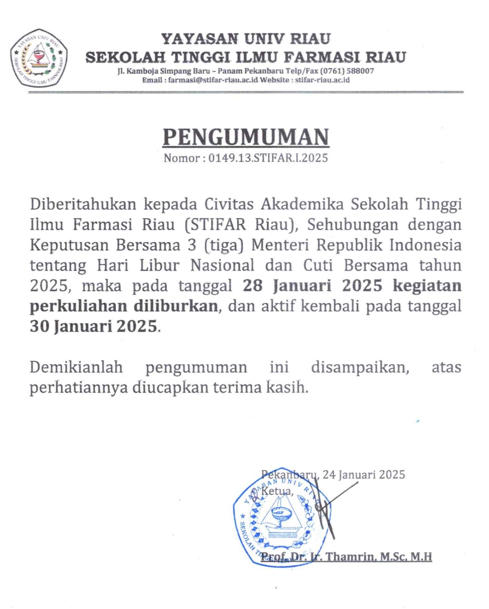 PENGUMUMAN LIBUR TGL 28 JANUARI 2025