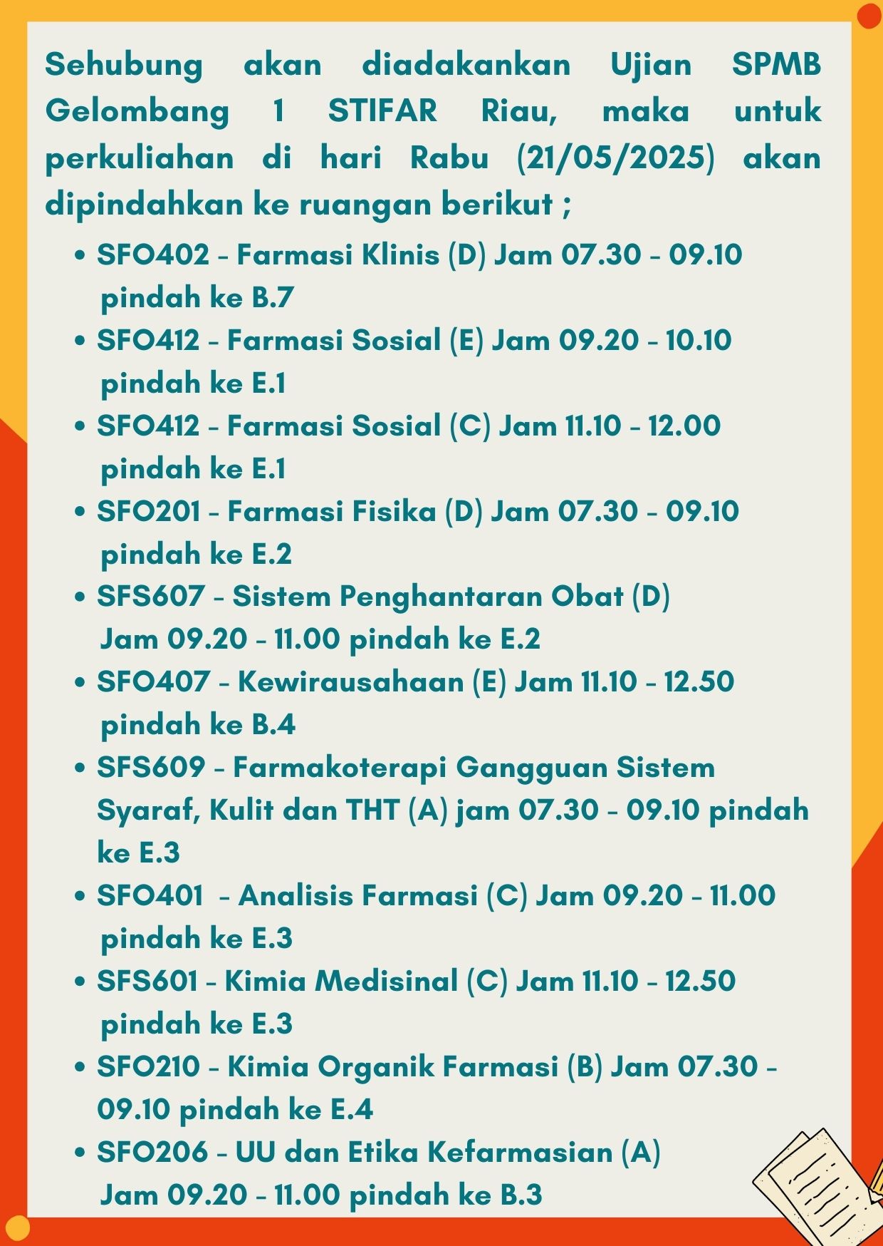 INFORMASI PINDAH RUANGAN KULIAH