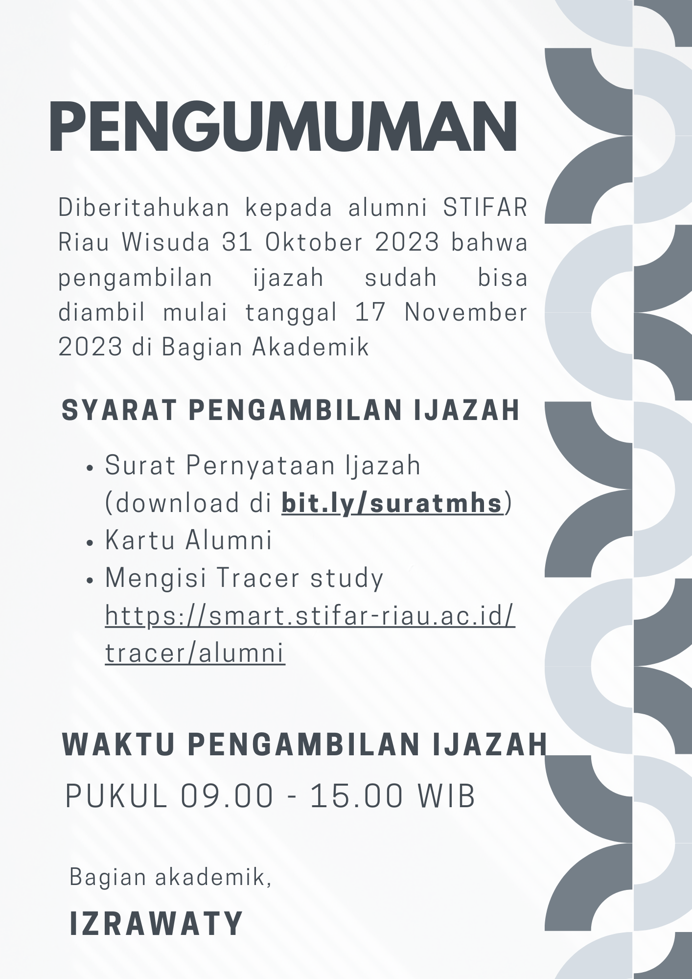 JADWAL PENGAMBILAN IJAZAH WISUDA 31 OKTOBER 2023