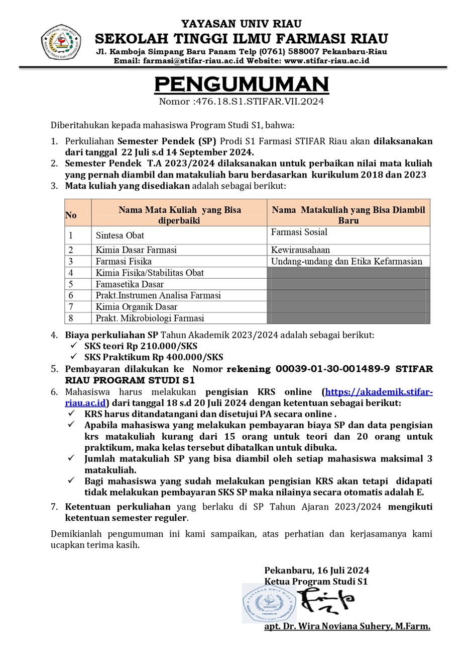 INFORMASI PELAKSANAAN SEMESTER PENDEK (SP) TA 2023/2024